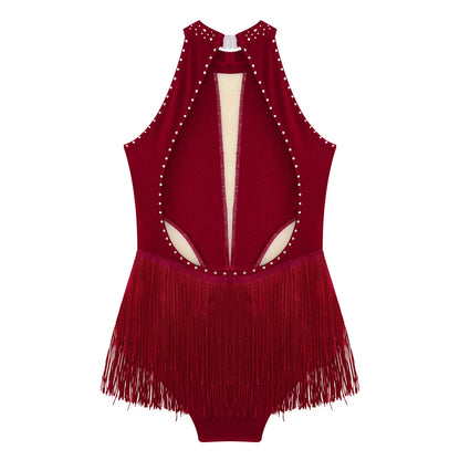 Girls Dance Costume Sleeveless Rhinestone Tassel Leotard (Age 6-16 YRS)