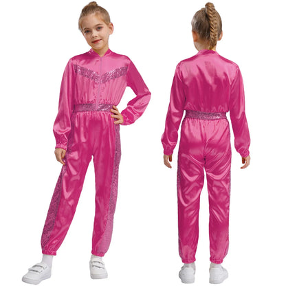 Girls Sequin Satin m Long Sleeve Zipper Jumpsuit (Age 6-16 YRS)