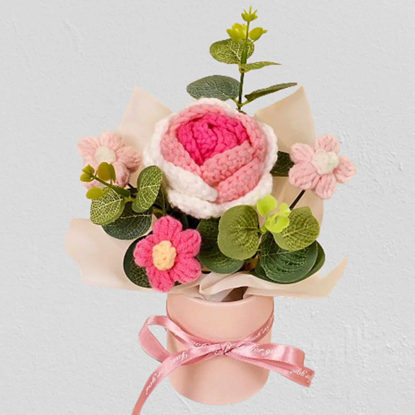 Handmade Crochet Knitted Flower Bouquet,Rose & Sunflower Bouquet - Home Decor & Gift for Woman Wife Mom Pink
