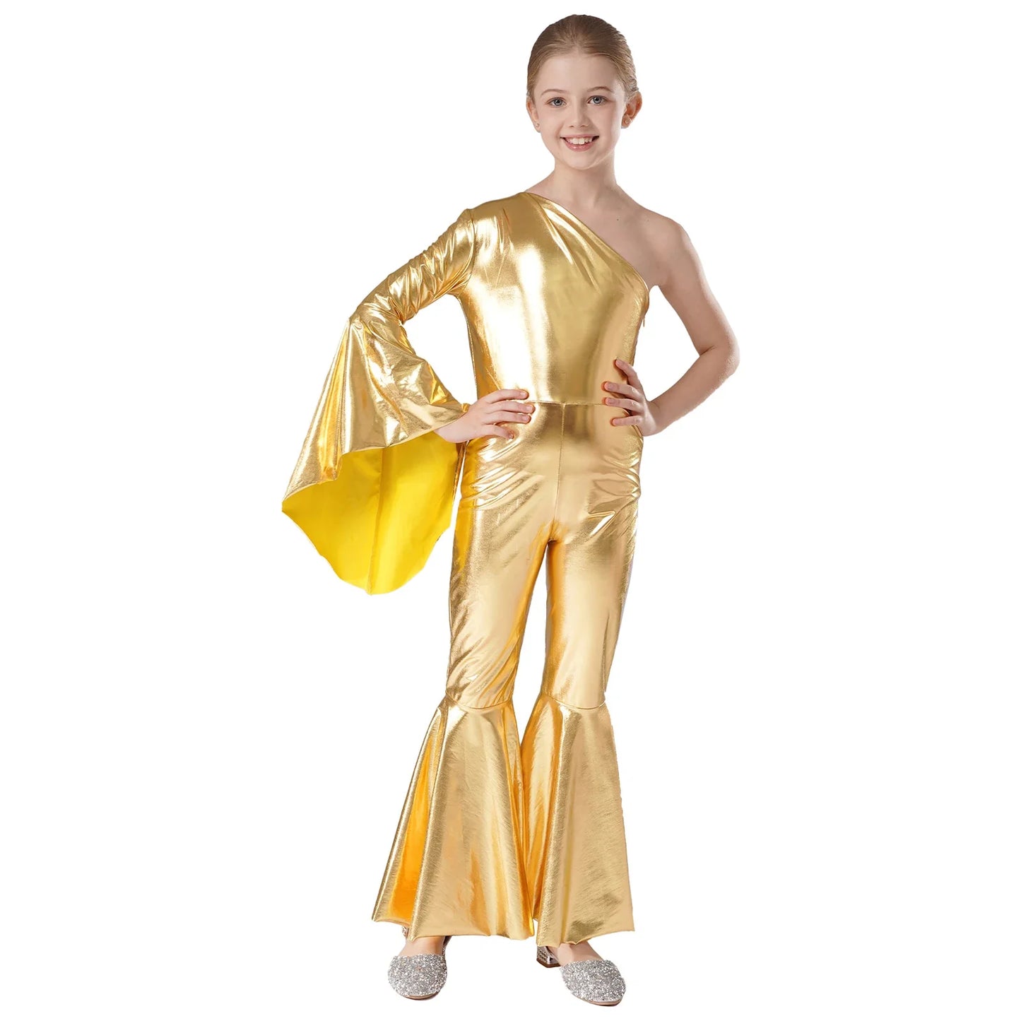 Girls Dance Metallic One Shoulder Bell-Bottom Jumpsuit (Age 6-16YRS)