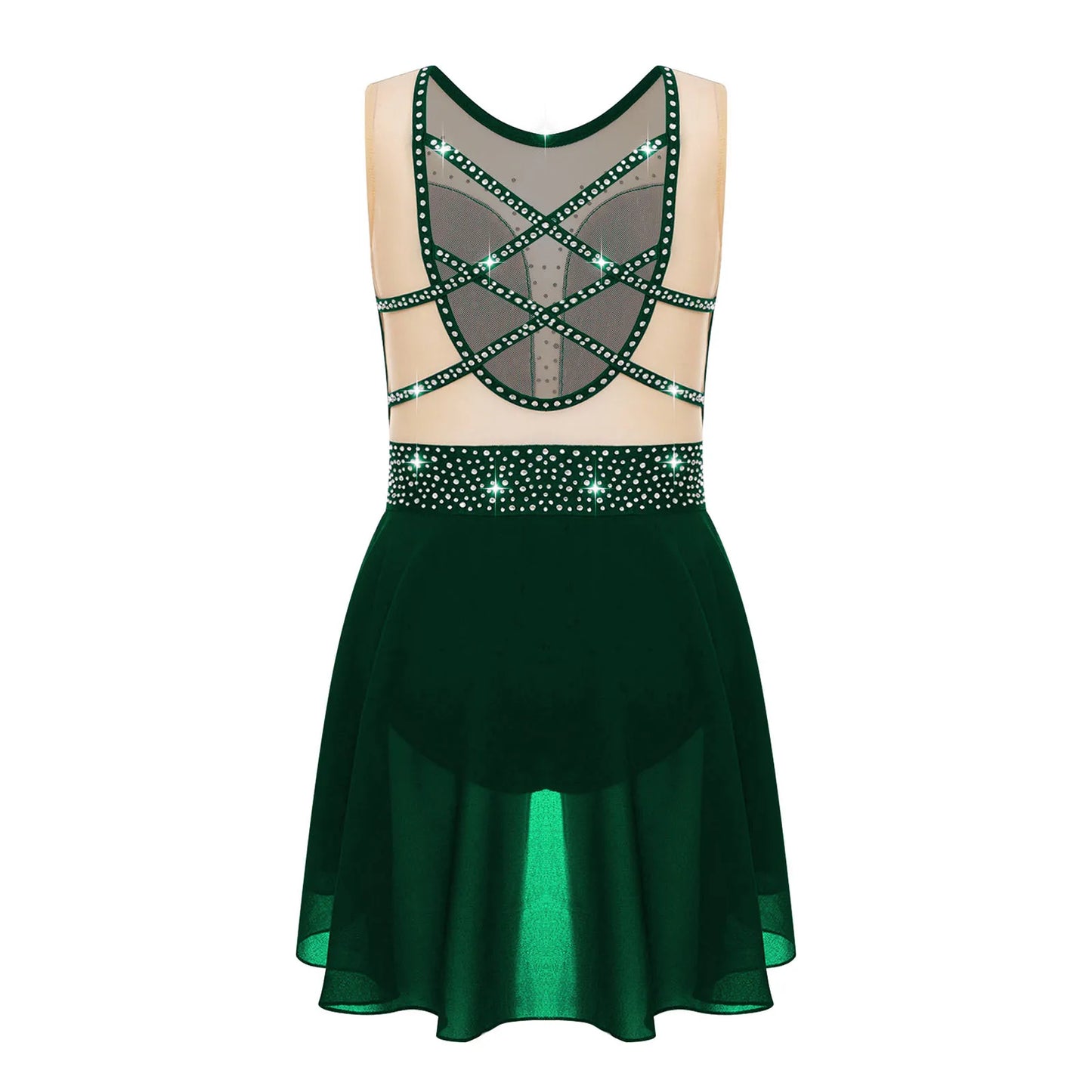 Rhinestone Gymnastics Figure Skating Dress for Teen Girls Sleeveless Sheer Mesh Tutu Ballet Leotard Lyrical Performance Costume