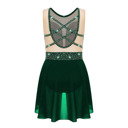 Rhinestone Gymnastics Figure Skating Dress for Teen Girls Sleeveless Sheer Mesh Tutu Ballet Leotard Lyrical Performance Costume