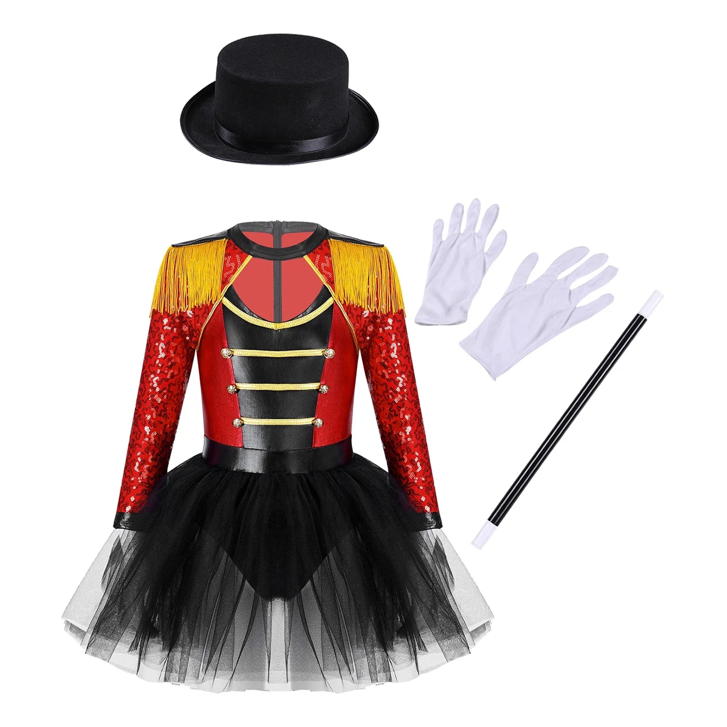 Girls Circus Ringmaster Magician Sequin Leotard Tutu Dress Costume (Age 6-16 YRS)