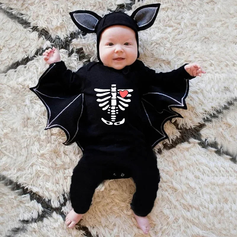 Skeleton Black Bat Costume for Baby 3-6M 6-12M 12-24M Purim Halloween Costumes Romper Hat 2pcs/set