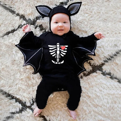Skeleton Black Bat Costume for Baby 3-6M 6-12M 12-24M Purim Halloween Costumes Romper Hat 2pcs/set