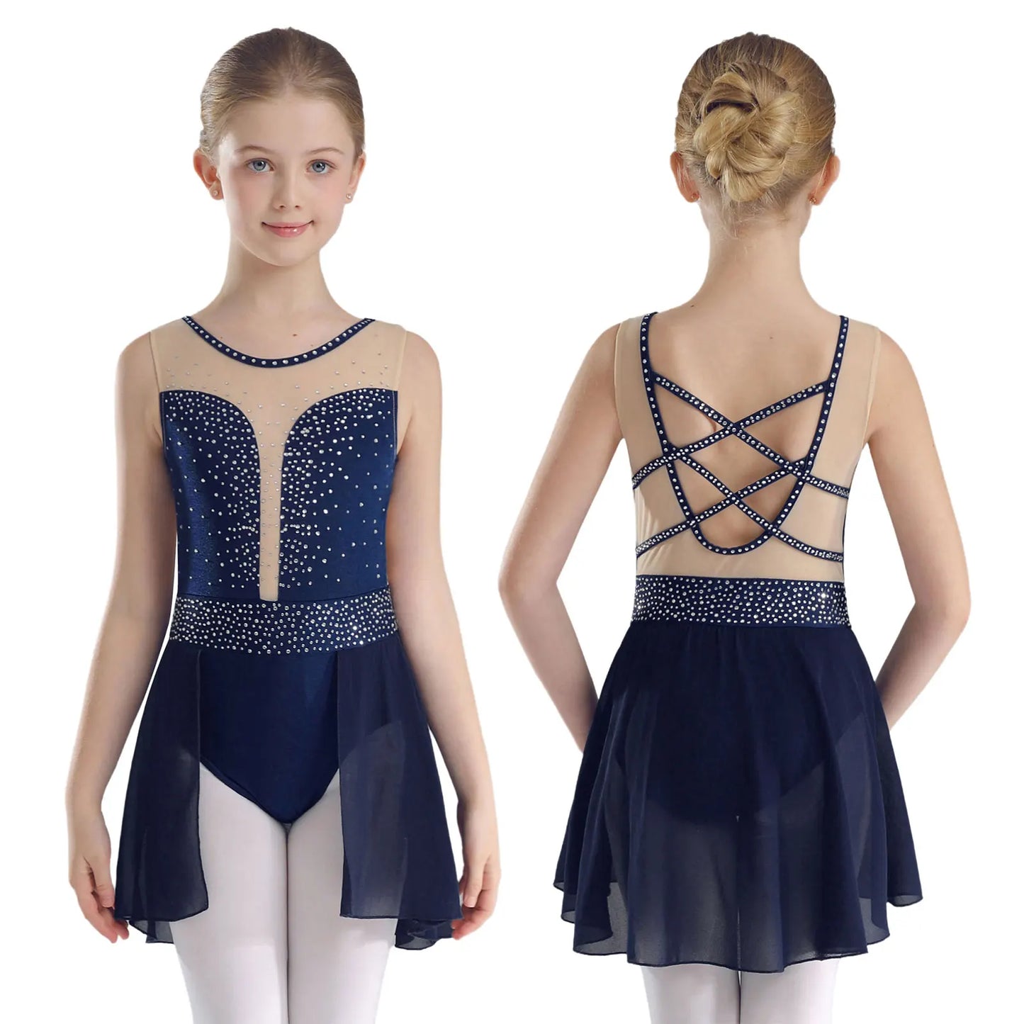Rhinestone Gymnastics Figure Skating Dress for Teen Girls Sleeveless Sheer Mesh Tutu Ballet Leotard Lyrical Performance Costume