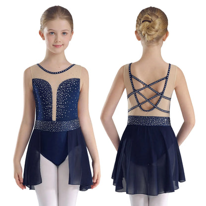 Rhinestone Gymnastics Figure Skating Dress for Teen Girls Sleeveless Sheer Mesh Tutu Ballet Leotard Lyrical Performance Costume
