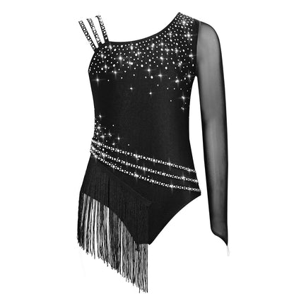 Girls Figure Skating Rhinestone Irregular Tassel Bodysuit Leotard (Age  6-16YRS)