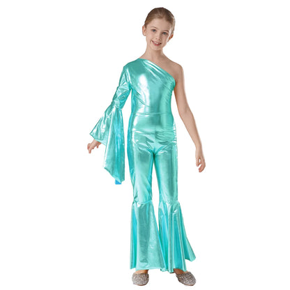 Girls Dance Metallic One Shoulder Bell-Bottom Jumpsuit (Age 6-16YRS)