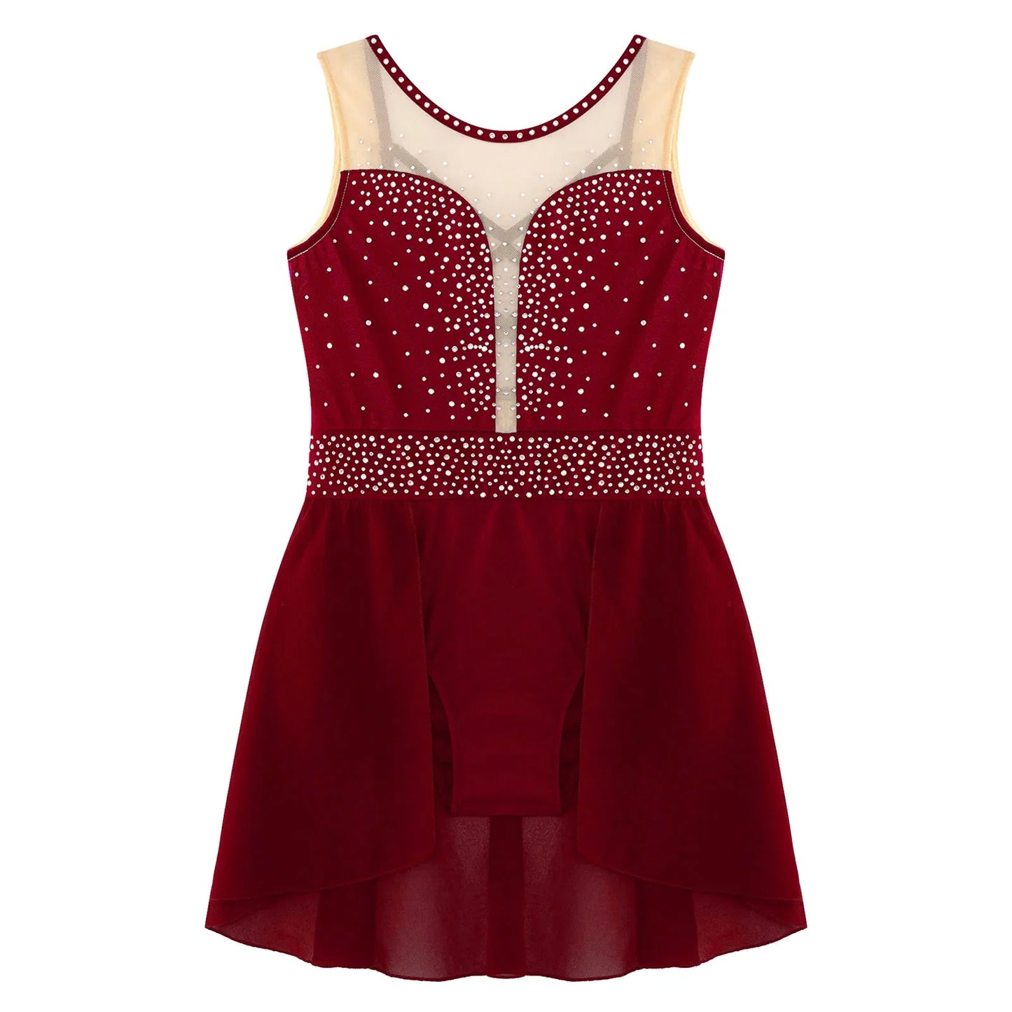 Rhinestone Gymnastics Figure Skating Dress for Teen Girls Sleeveless Sheer Mesh Tutu Ballet Leotard Lyrical Performance Costume