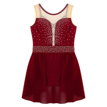 Rhinestone Gymnastics Figure Skating Dress for Teen Girls Sleeveless Sheer Mesh Tutu Ballet Leotard Lyrical Performance Costume