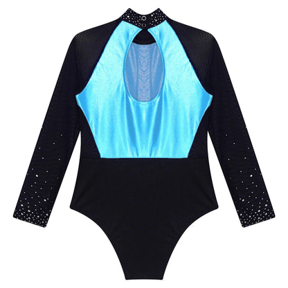 Girls Dance Performance Costume Long Sleeve Rhinestone Leotard (Age 6-16 YRS)