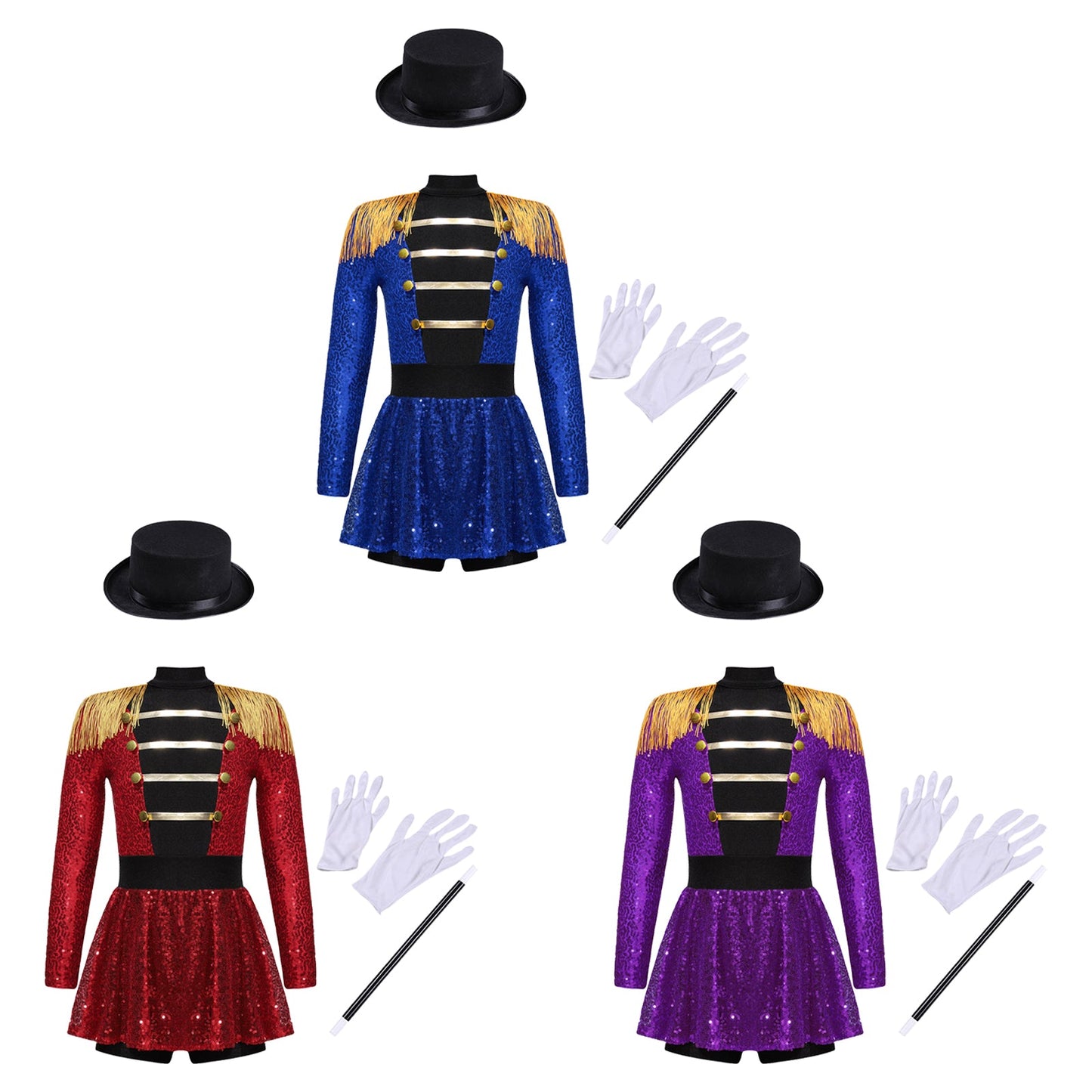 Girls Halloween Circus Ringmaster  Costume Long Sleeve Sequin Leotard Dress (Age 6-14YRS)