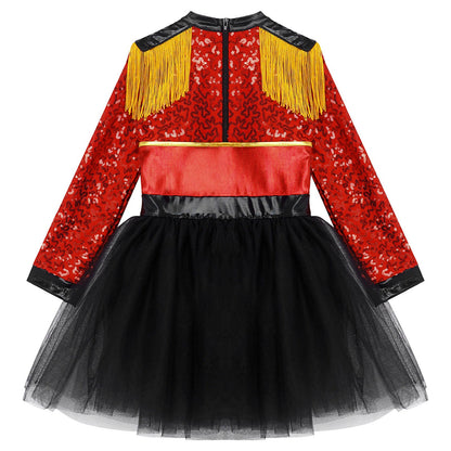 Girls Circus Ringmaster Magician Sequin Leotard Tutu Dress Costume (Age 6-16 YRS)