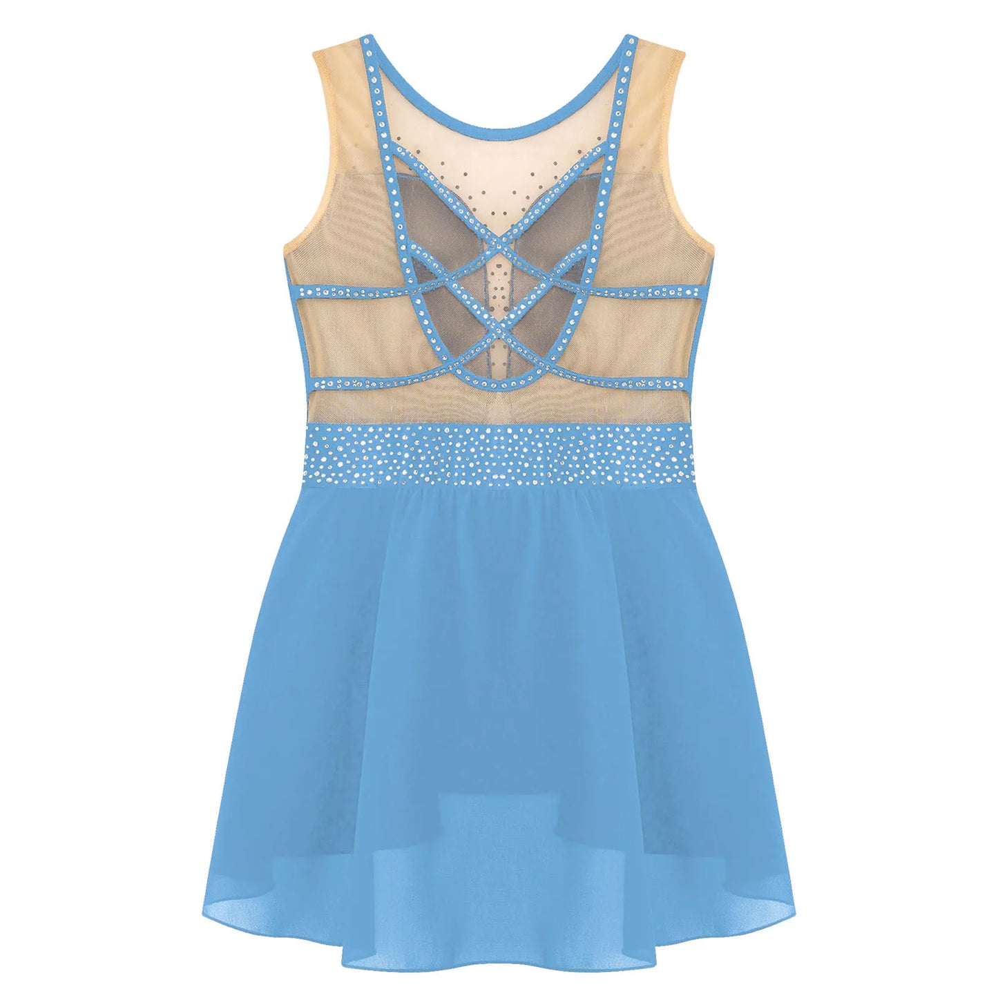 Rhinestone Gymnastics Figure Skating Dress for Teen Girls Sleeveless Sheer Mesh Tutu Ballet Leotard Lyrical Performance Costume