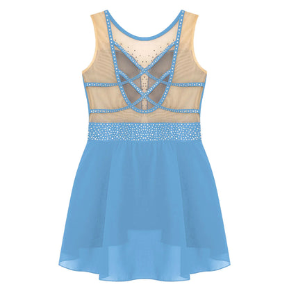 Rhinestone Gymnastics Figure Skating Dress for Teen Girls Sleeveless Sheer Mesh Tutu Ballet Leotard Lyrical Performance Costume