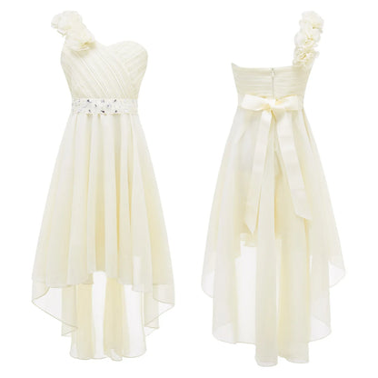 Girls Applique One-Shoulder Ruched Asymmetrical Hem Dress (Age 6-16YRS)