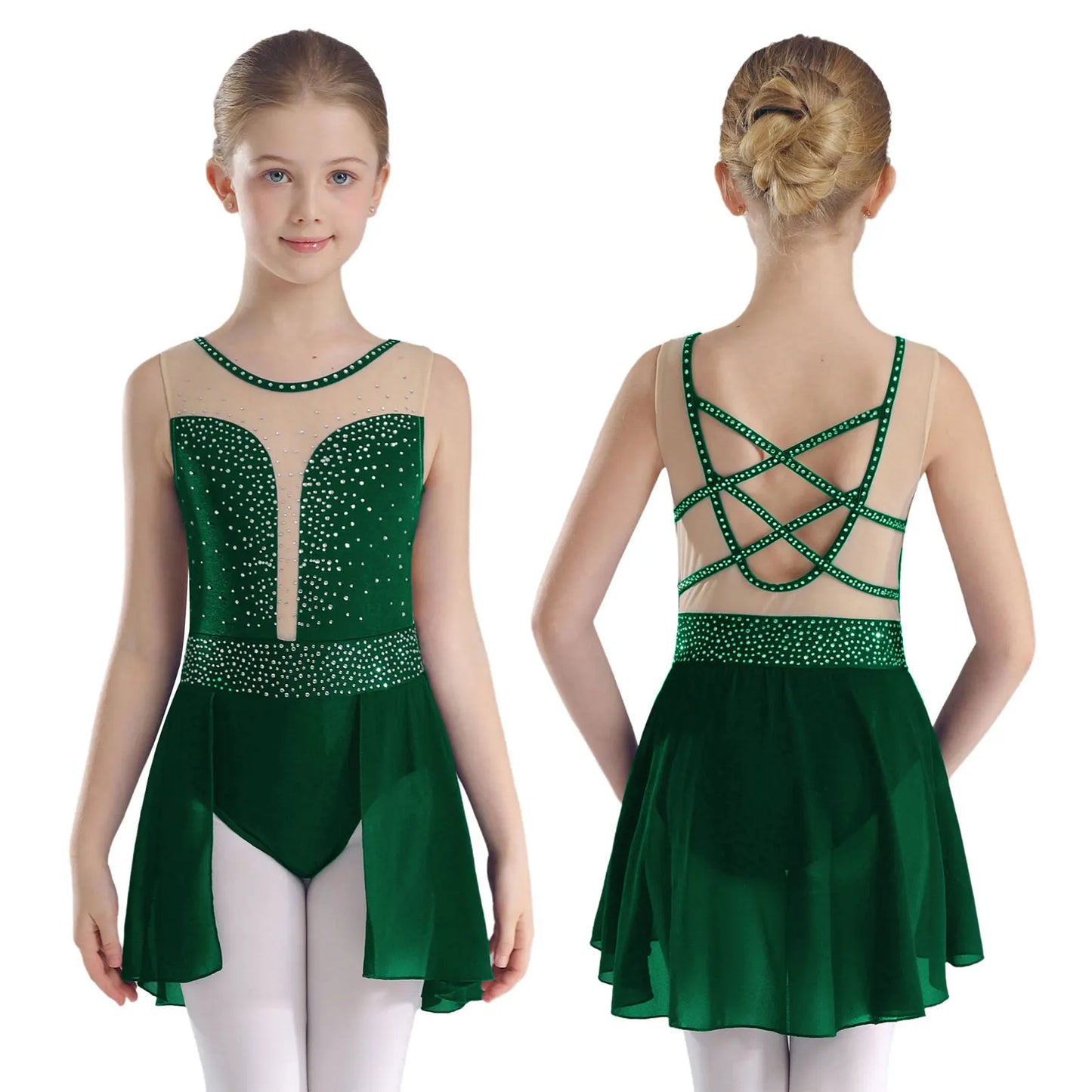 Rhinestone Gymnastics Figure Skating Dress for Teen Girls Sleeveless Sheer Mesh Tutu Ballet Leotard Lyrical Performance Costume