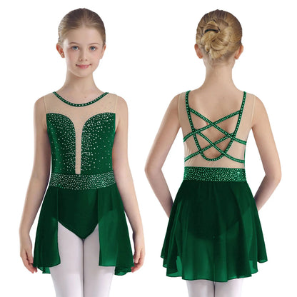 Rhinestone Gymnastics Figure Skating Dress for Teen Girls Sleeveless Sheer Mesh Tutu Ballet Leotard Lyrical Performance Costume