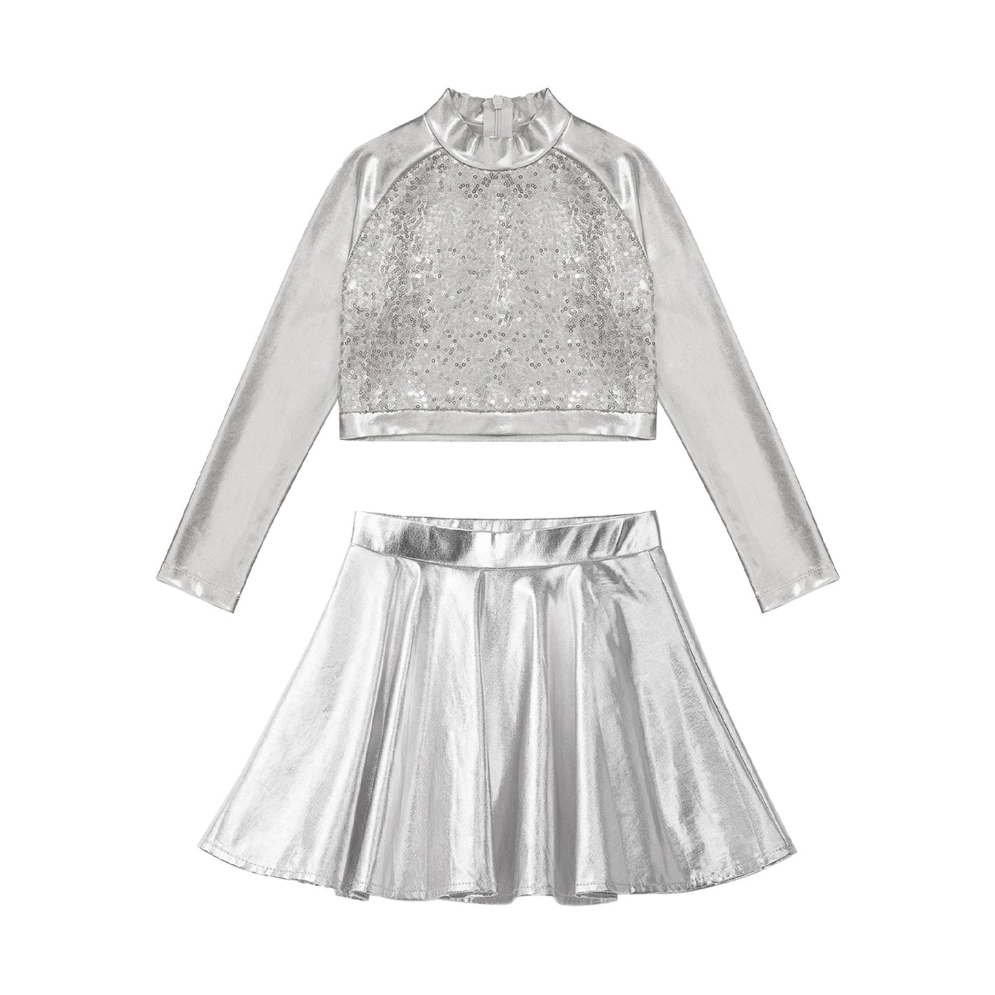 Girls Dance Metallic Long Sleeve Sequin Crop Top & Skirt (Age 6-14YRS)