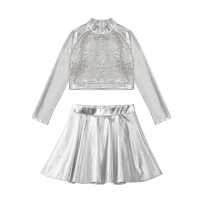 Girls Dance Metallic Long Sleeve Sequin Crop Top & Skirt (Age 6-14YRS)