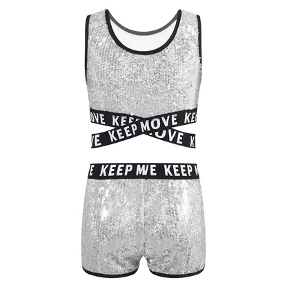 Girls Sequin Dance Top & Shorts Set (Age 4-16YRS)