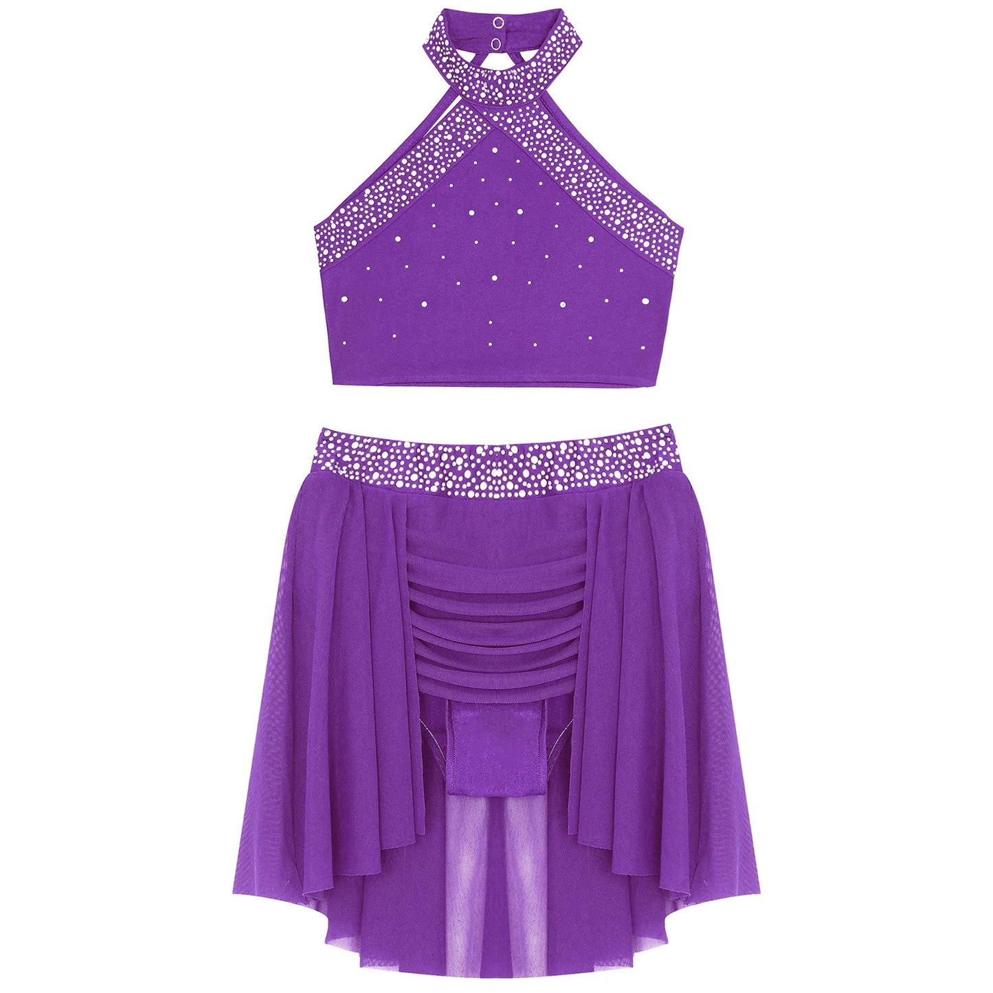 Girls Rhinestones Dance Outfit Tops & Skirt Set (Age 6-16 YRS)