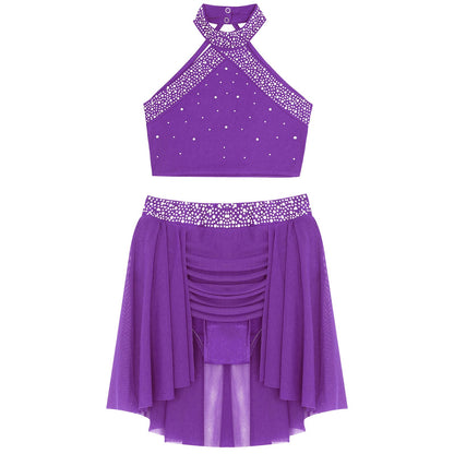 Girls Rhinestones Dance Outfit Tops & Skirt Set (Age 6-16 YRS)