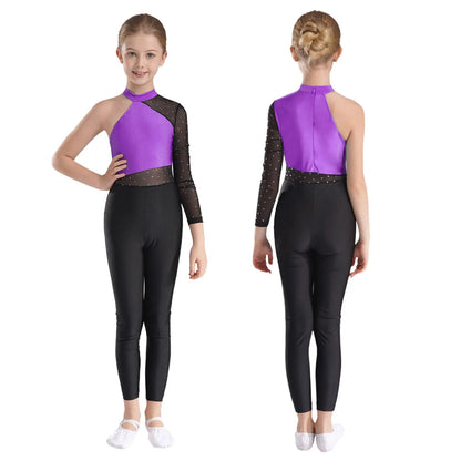 Girls Gymnastics Rhinestones Sheer Mesh Jumpsuit (Age 6-16 YRS)