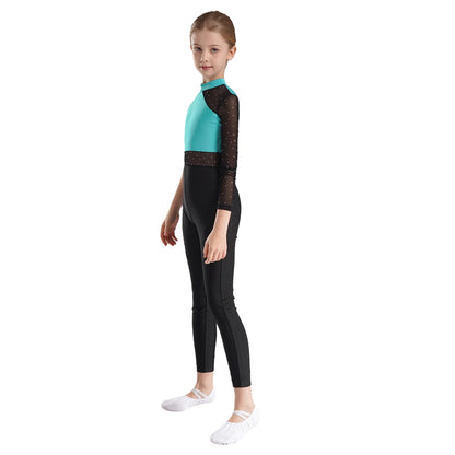 Girls Gymnastics Rhinestones Sheer Mesh Jumpsuit (Age 6-16 YRS)