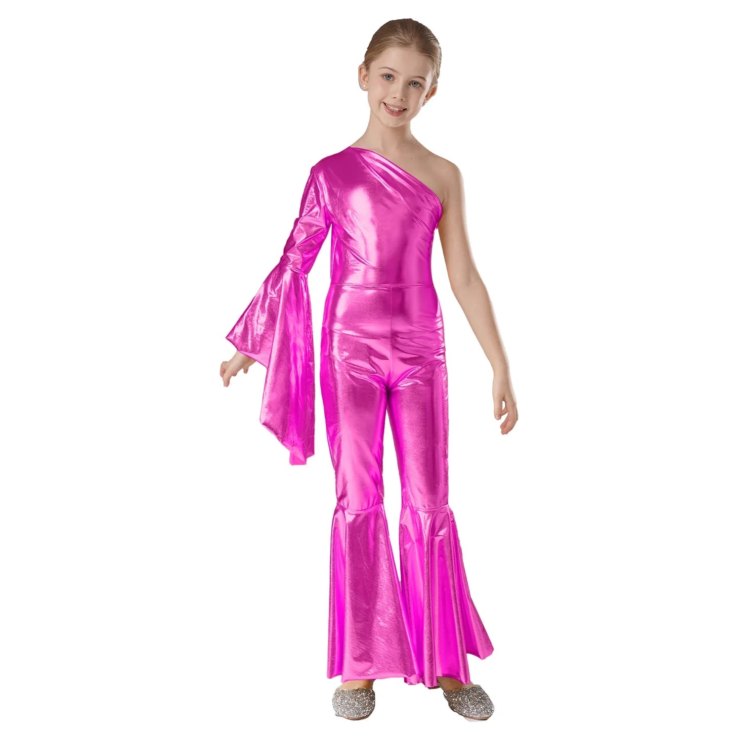 Girls Dance Metallic One Shoulder Bell-Bottom Jumpsuit (Age 6-16YRS)