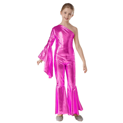 Girls Dance Metallic One Shoulder Bell-Bottom Jumpsuit (Age 6-16YRS)