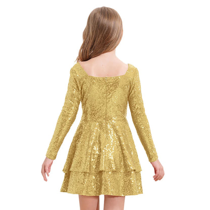 Girls Sequin Long Sleeve Double Layer Hemline Dress (Age 6-14 YRS)