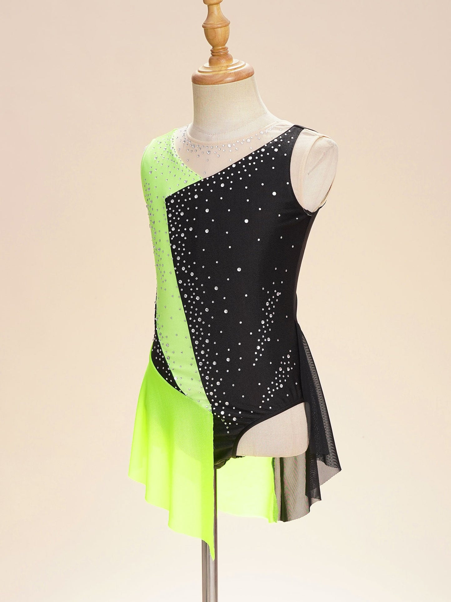 Rhinestone Gymnastics Figure Skating Dress for Teen Girls Sleeveless Sheer Mesh Tutu Ballet Leotard Lyrical Performance Costume