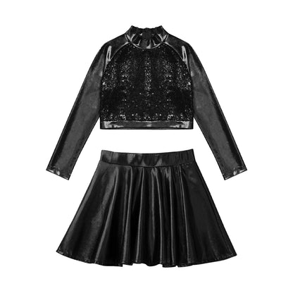 Girls Dance Metallic Long Sleeve Sequin Crop Top & Skirt (Age 6-14YRS)