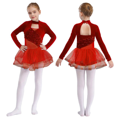 Girls Figure Skating Dance Costume Sequin Long Sleeve Velvet Mesh Leotard Dress (Age 6-14 YRS)