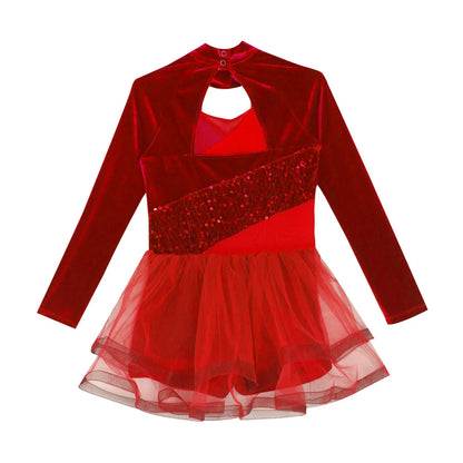 Girls Figure Skating Dance Costume Sequin Long Sleeve Velvet Mesh Leotard Dress (Age 6-14 YRS)