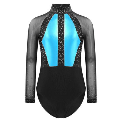 Girls Dance Performance Costume Long Sleeve Rhinestone Leotard (Age 6-16 YRS)
