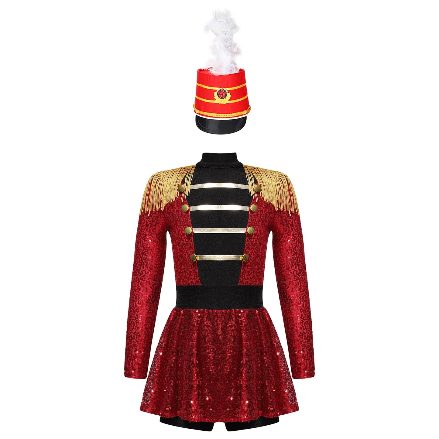 Girls Halloween Circus Ringmaster  Costume Long Sleeve Sequin Leotard Dress (Age 6-14YRS)