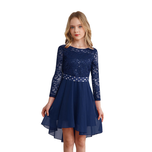 Girls Elegant Rhinestone Lace Chiffon Party Long Sleeve Dipped Hem Dress (Age 6-16YRS)