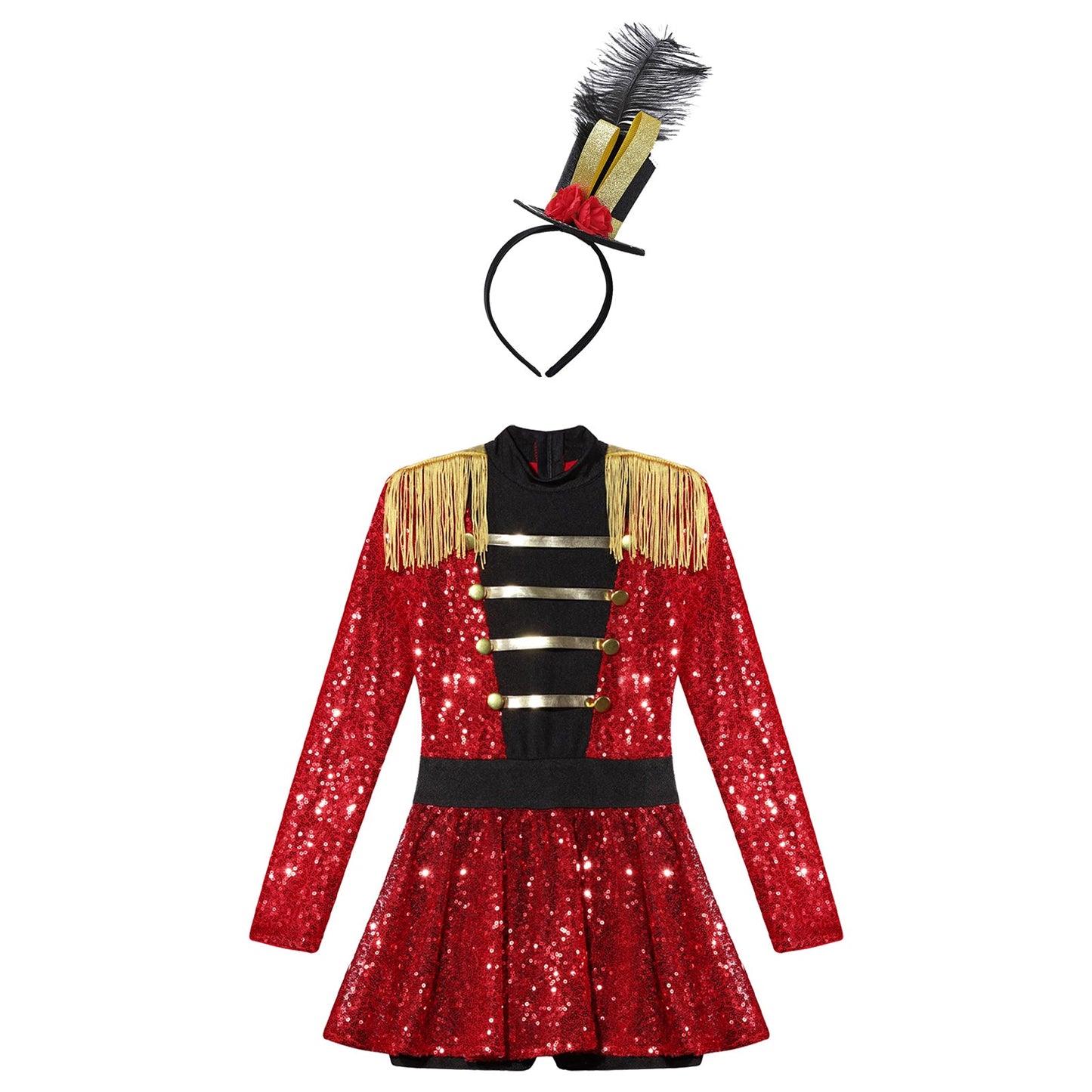 Girls Halloween Circus Ringmaster  Costume Long Sleeve Sequin Leotard Dress (Age 6-14YRS)
