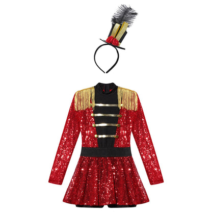 Girls Halloween Circus Ringmaster  Costume Long Sleeve Sequin Leotard Dress (Age 6-14YRS)