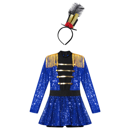 Girls Halloween Circus Ringmaster  Costume Long Sleeve Sequin Leotard Dress (Age 6-14YRS)