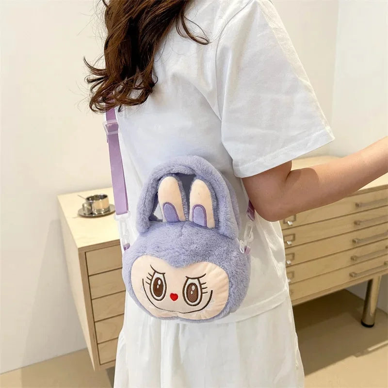 Labubu Plush Crossbody Bag | Soft Kawaii Shoulder Bag with Zipper Purple