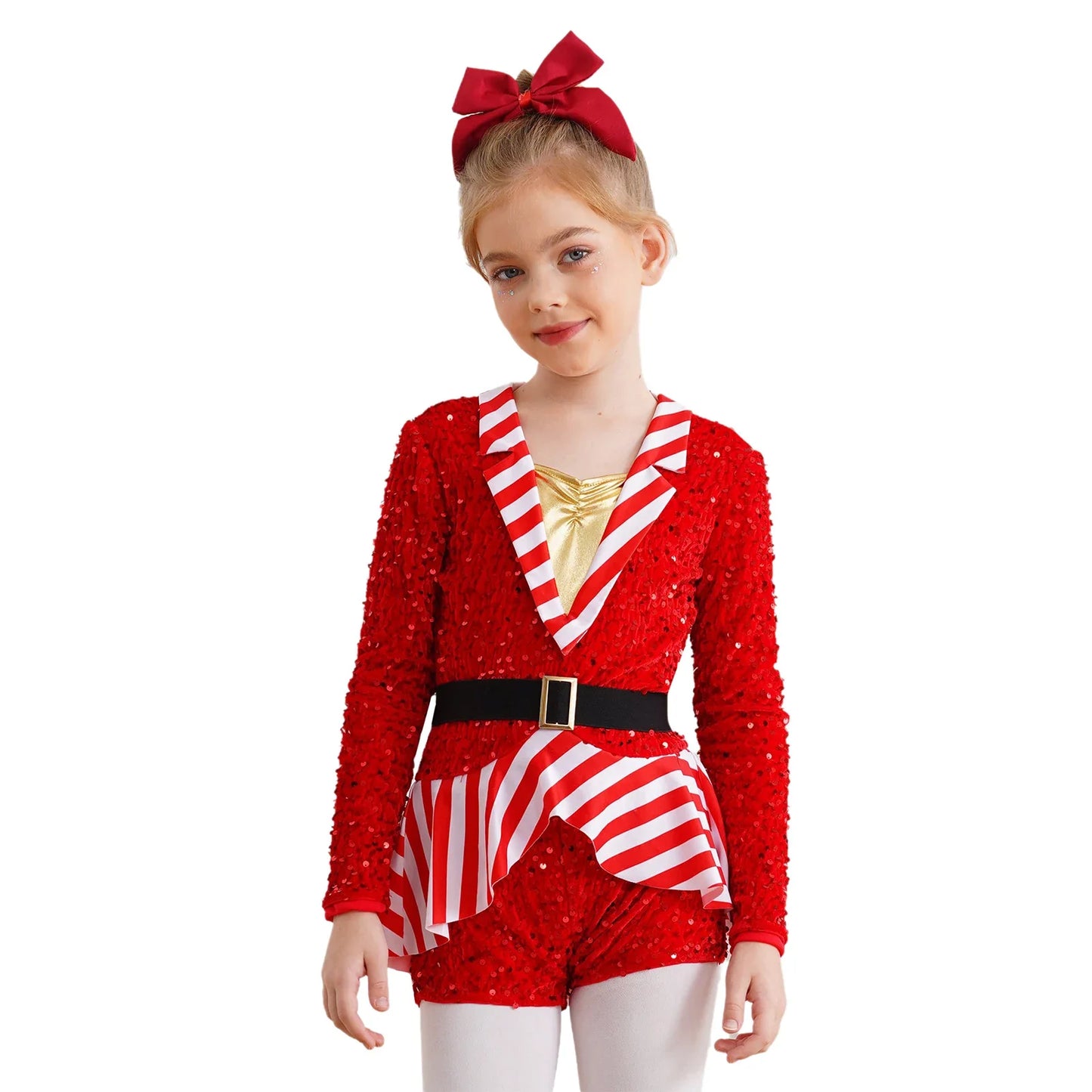 Girls Christmas Candy Cane Long Sleeve Sequin Stripe Costume (Age 6-16 YRS)
