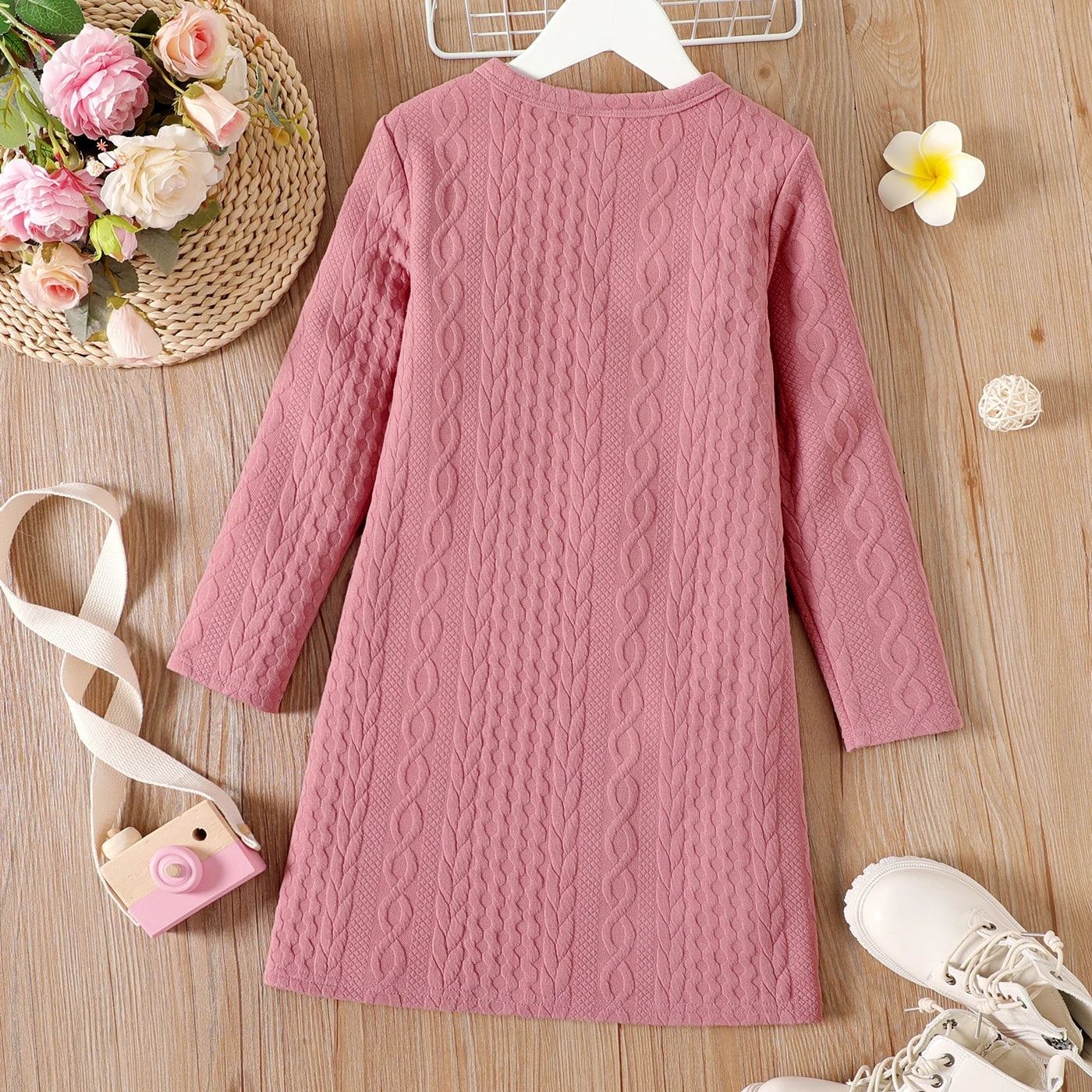 Girls Pink Cable Knit Bowknot Long-Sleeve Dress (Age 5-12YRS)
