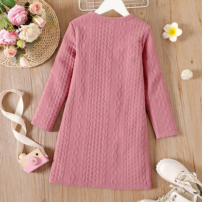 Girls Pink Cable Knit Bowknot Long-Sleeve Dress (Age 5-12YRS)