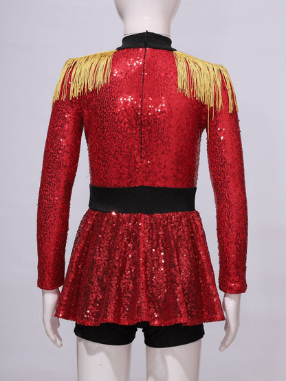Girls Halloween Circus Ringmaster  Costume Long Sleeve Sequin Leotard Dress (Age 6-14YRS)