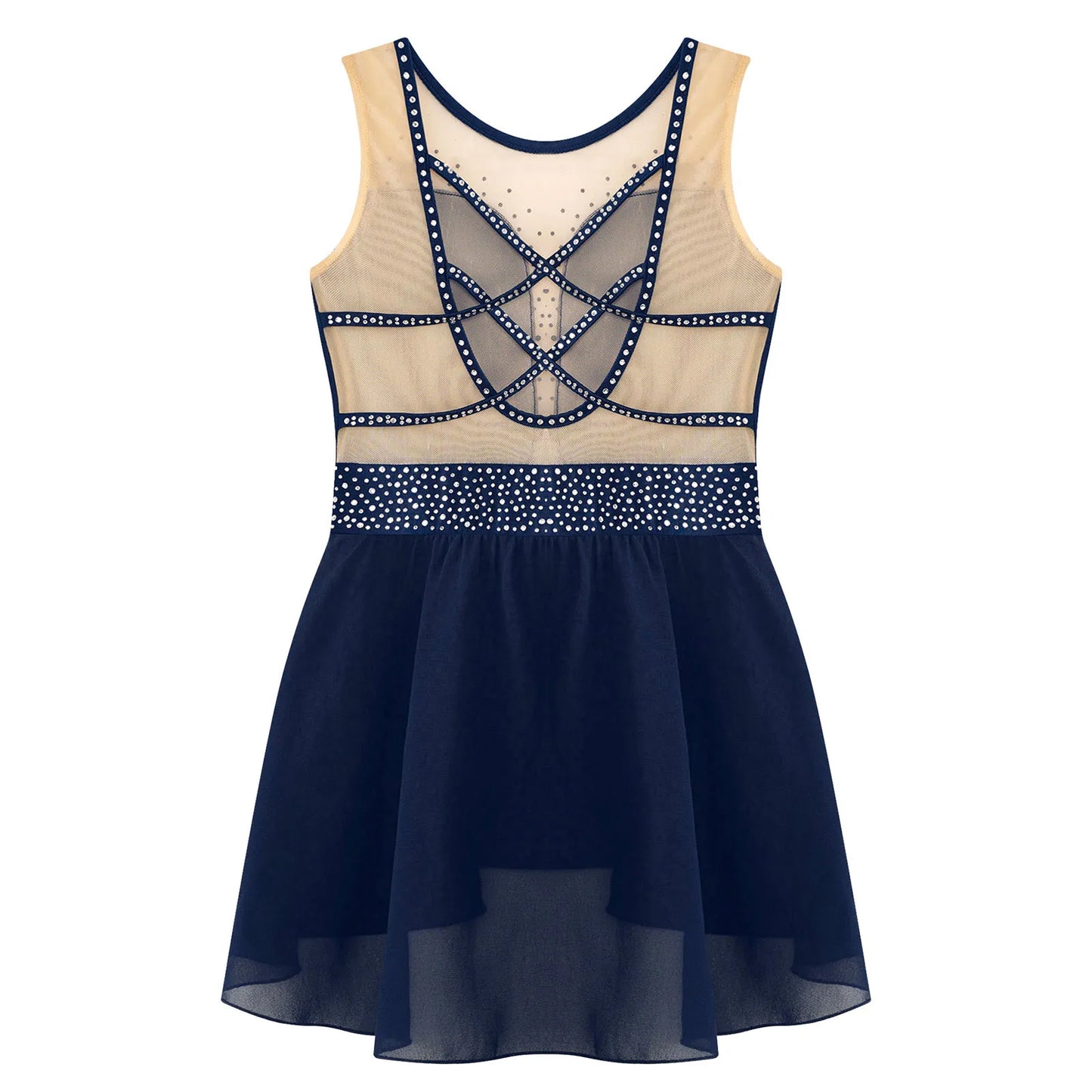 Rhinestone Gymnastics Figure Skating Dress for Teen Girls Sleeveless Sheer Mesh Tutu Ballet Leotard Lyrical Performance Costume