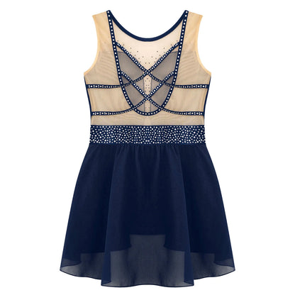 Rhinestone Gymnastics Figure Skating Dress for Teen Girls Sleeveless Sheer Mesh Tutu Ballet Leotard Lyrical Performance Costume